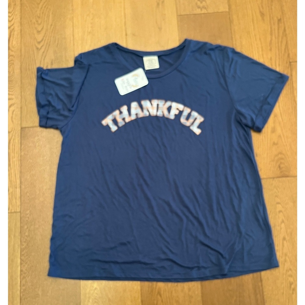 Daisy Rae T-Shirt Women 2XL Navy Blue New Thankful Plaid Graphic Tee